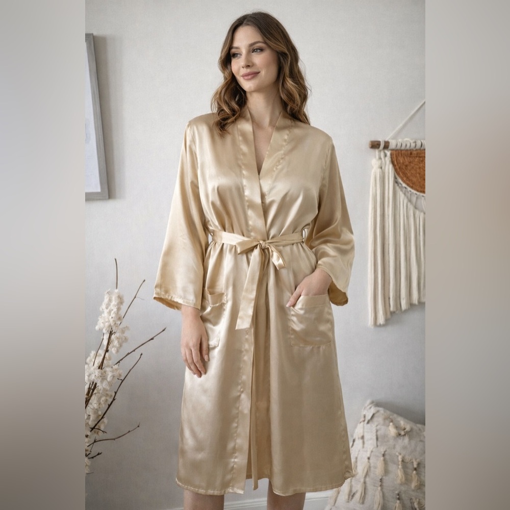 New gold satin long robe with belt